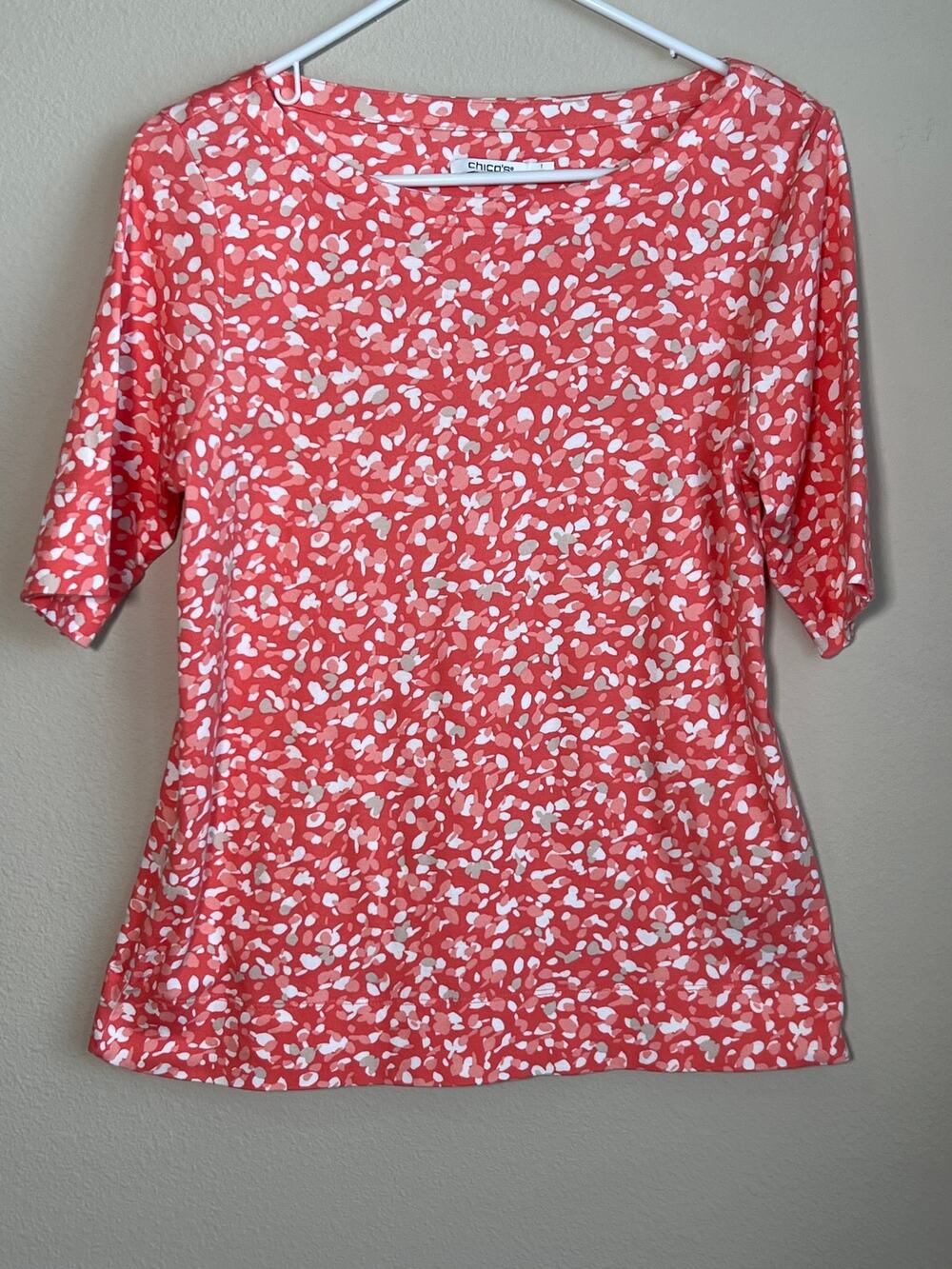 Chico's Pima Bateau-Neck Tee Pink White Abstract Floral Pattern Size 1 Medium